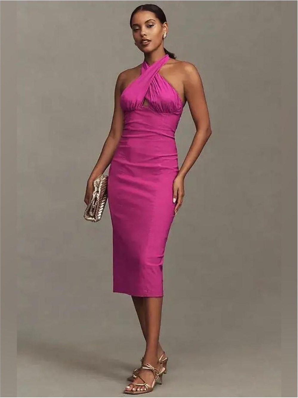 BHLDN Twist-Halter Midi Dress in Bright Magenta - Picture 3 of 10